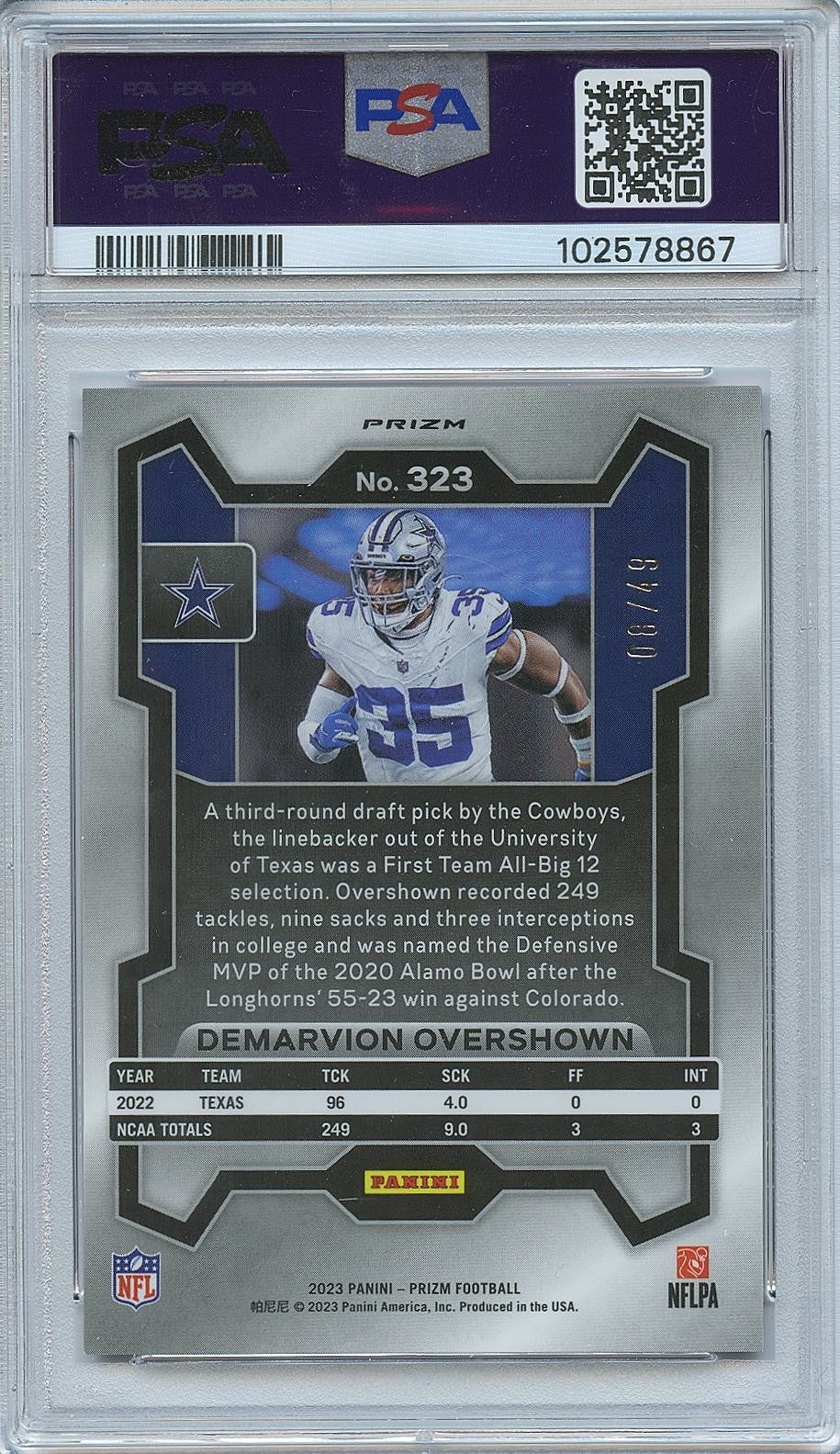 Demarvion Overshown 2023 Prizm Purple Power Dallas Cowboys 8/49 PSA 9