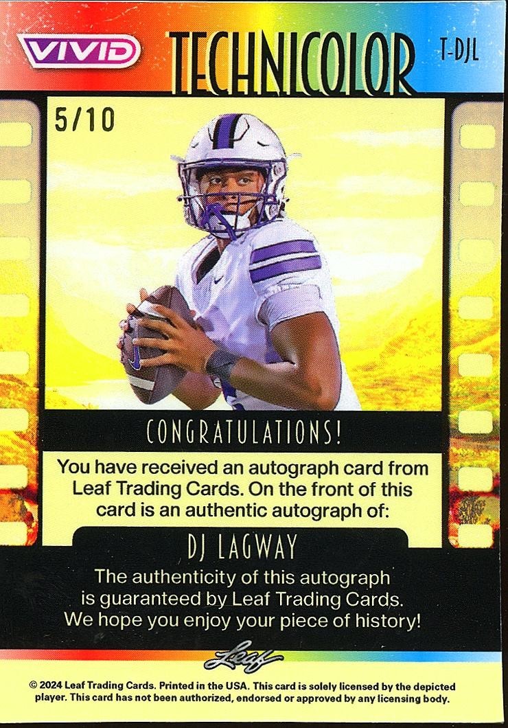 DJ Lagway 2024 Leaf Vivid Auto Autograph RC Rookie Florida Gators 5/10