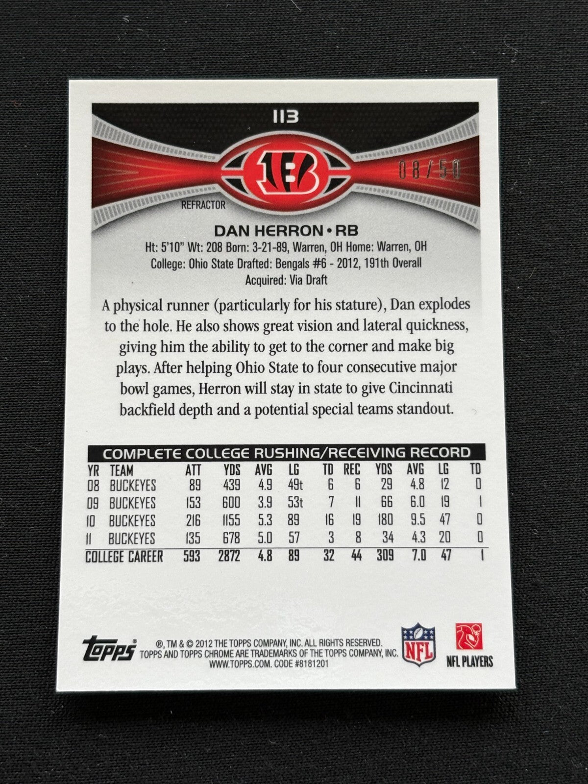 Dan Herron 2012 Topps Chrome GOLD Refractor Rookie RC Cincinnati Bengals 8/50