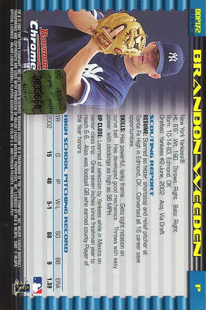 Brandon Weeden 2002 Bowman Chrome GOLD Auto Autograph Yankees OSU Cowboys