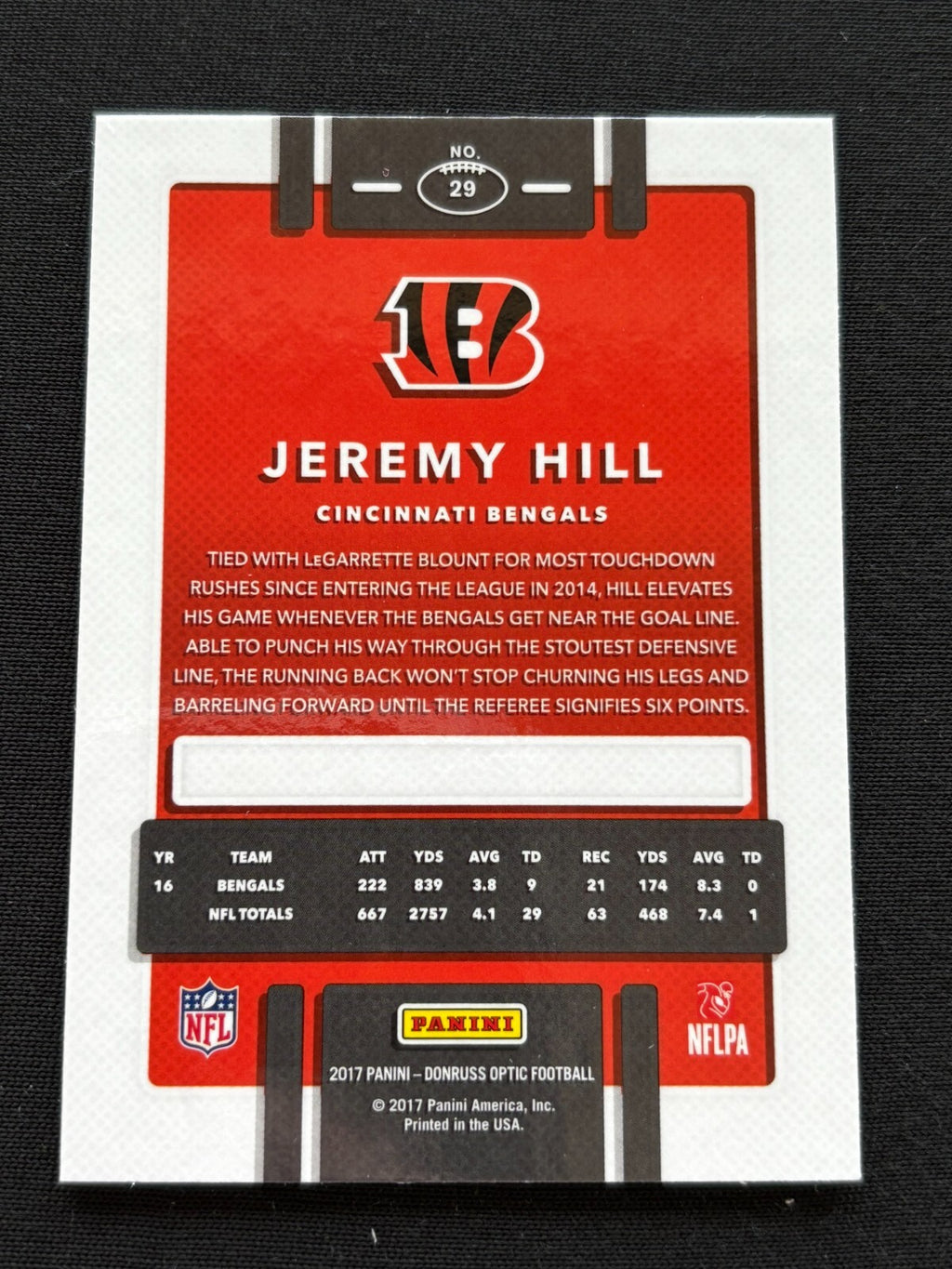 Jeremy Hill 2017 Optic White Sparkle Prizm SSP Shortprint Cincinnati Bengals #29
