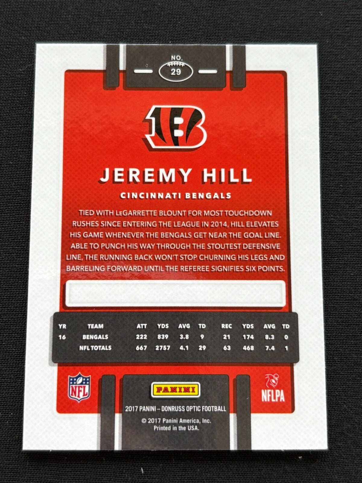 Jeremy Hill 2017 Optic White Sparkle Prizm SSP Shortprint Cincinnati Bengals #29