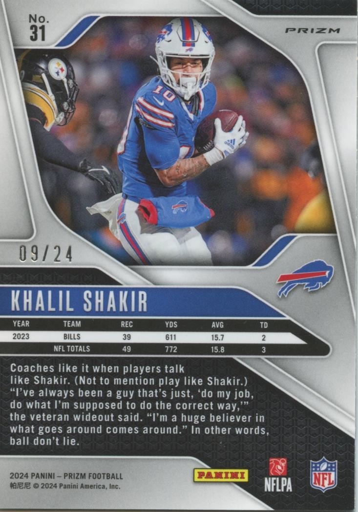 Khalil Shakir 2024 Prizm GOLD Sparkle Prizm SSP Buffalo Bills 9/24