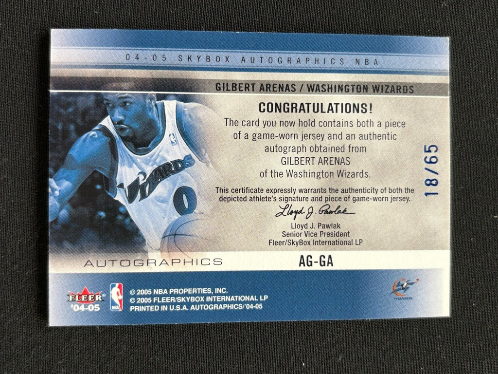 Gilbert Arenas 2004-05 Skybox Auto Autograph Game Worn Jersey Wizards 18/65