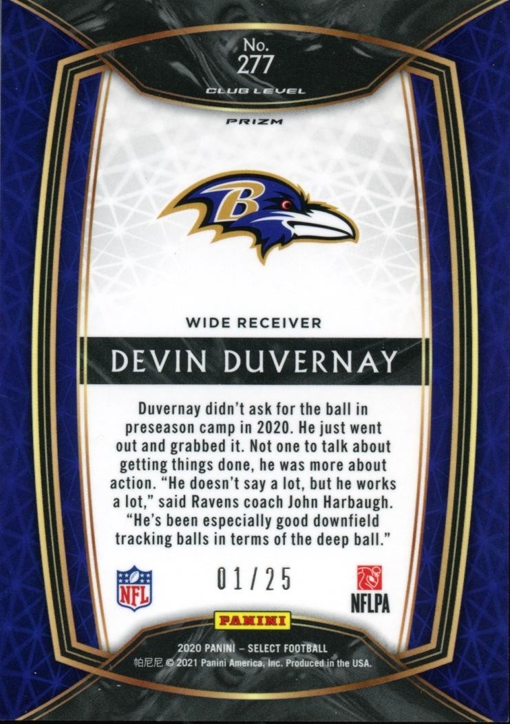 Devin Duvernay 2020 Select Club Level Tie-Dye Prizm RC Rookie Ravens 1/25