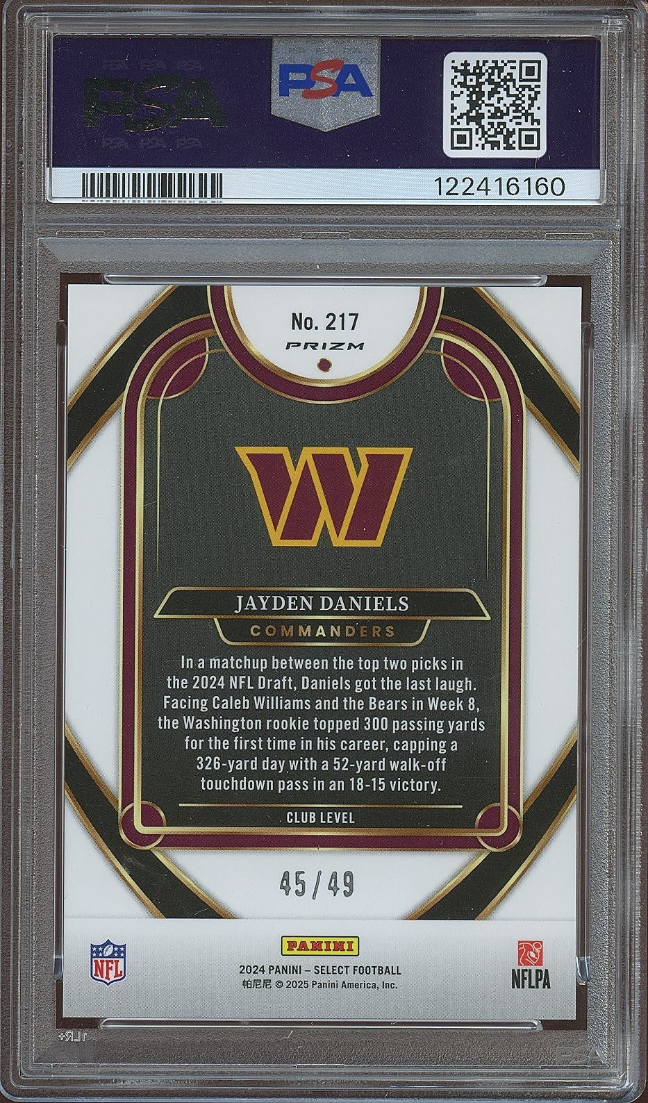 Jayden Daniels 2024 Select Club Red Disco Rookie RC Commanders 45/49 PSA 10