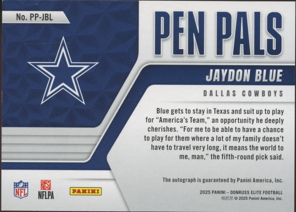Jaydon Blue 2025 Elite Pen Pals Auto Autograph RC Dallas Cowboys Longhorns