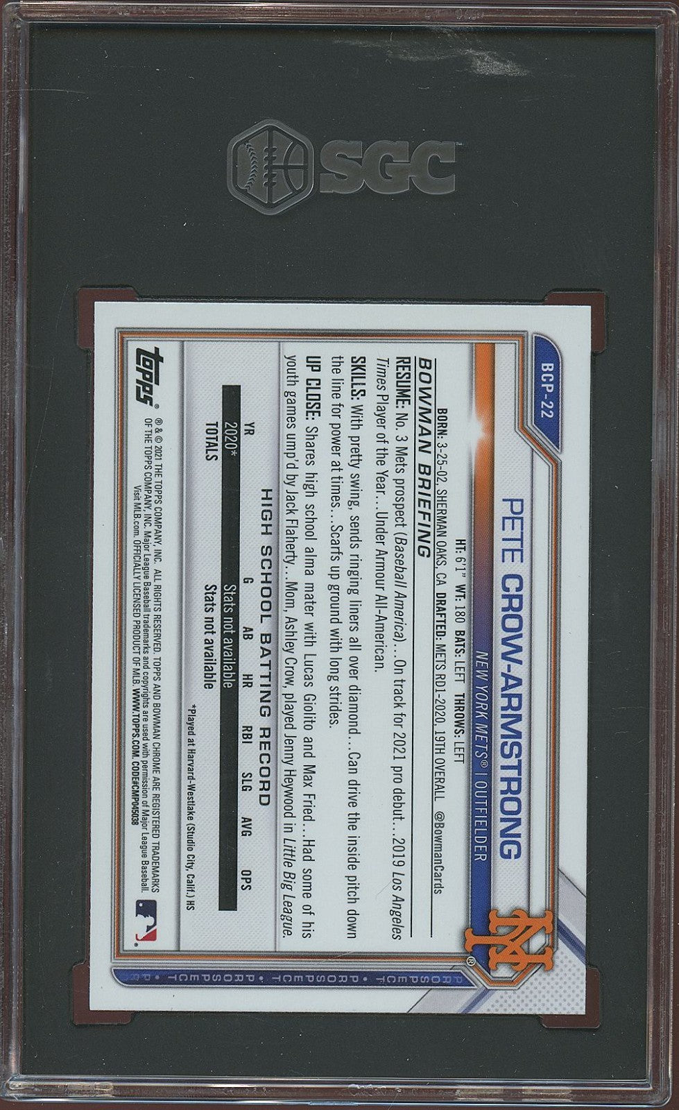 Pete Crow-Armstrong 2021 Bowman Chrome Sapphire RC Rookie NY Mets SGC 10