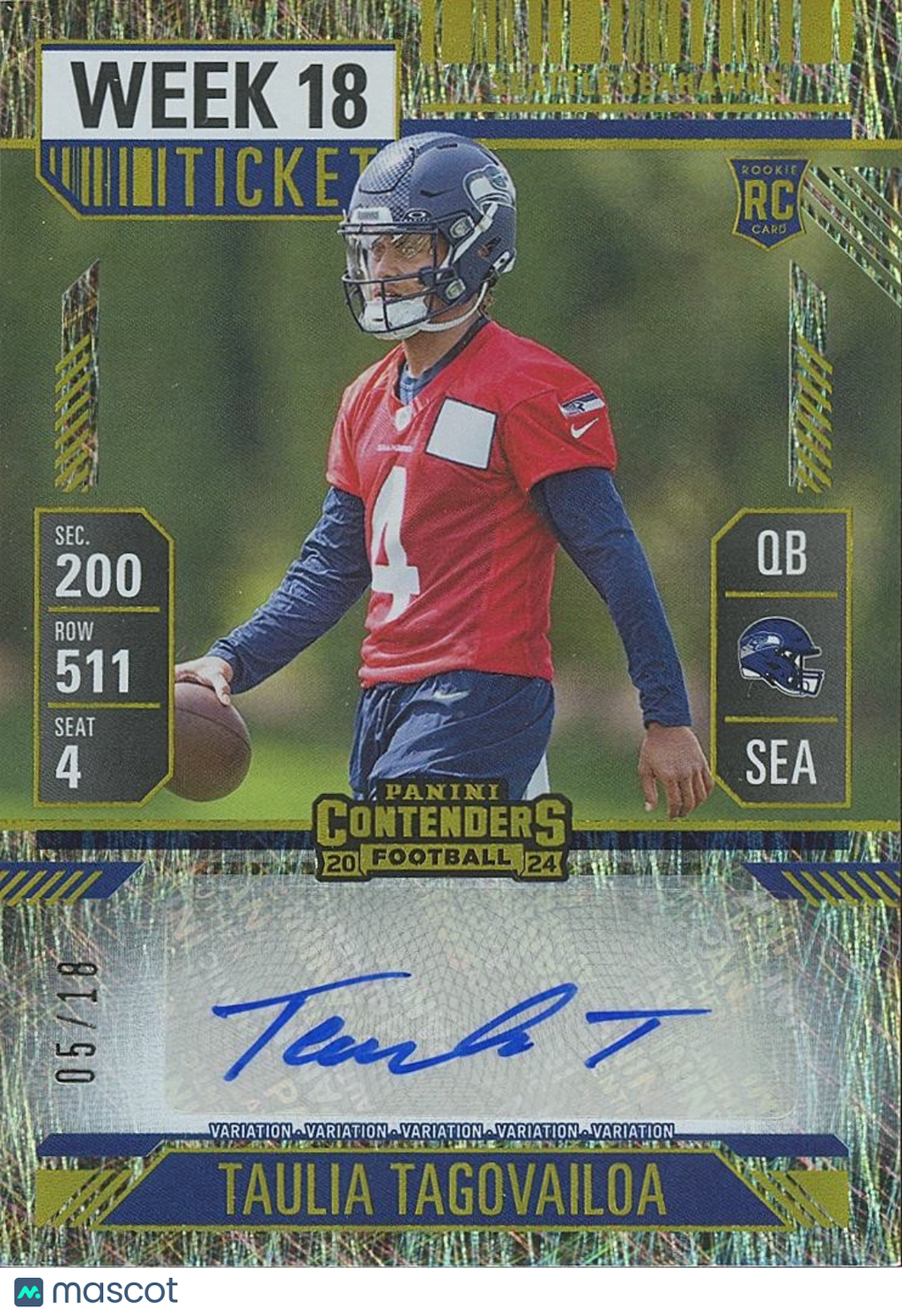 Taulia Tagovailoa 2024 Contenders Auto Autograph RC SSP Seattle Seahawks 5/18