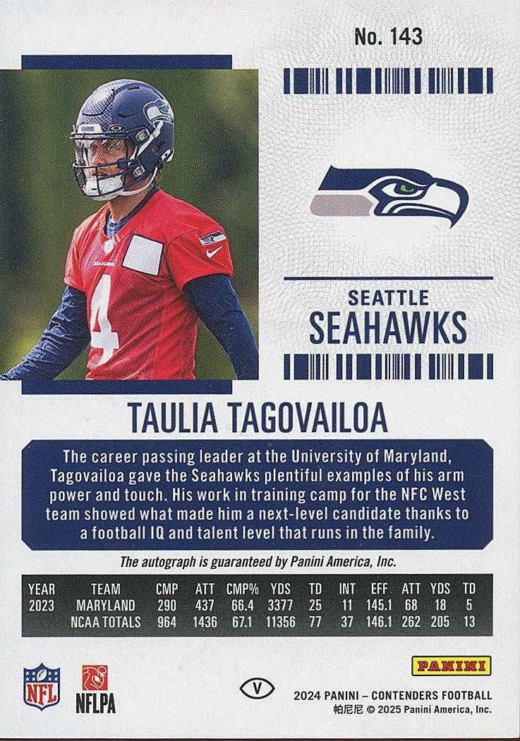 Taulia Tagovailoa 2024 Contenders Auto Autograph RC SSP Seattle Seahawks 5/18