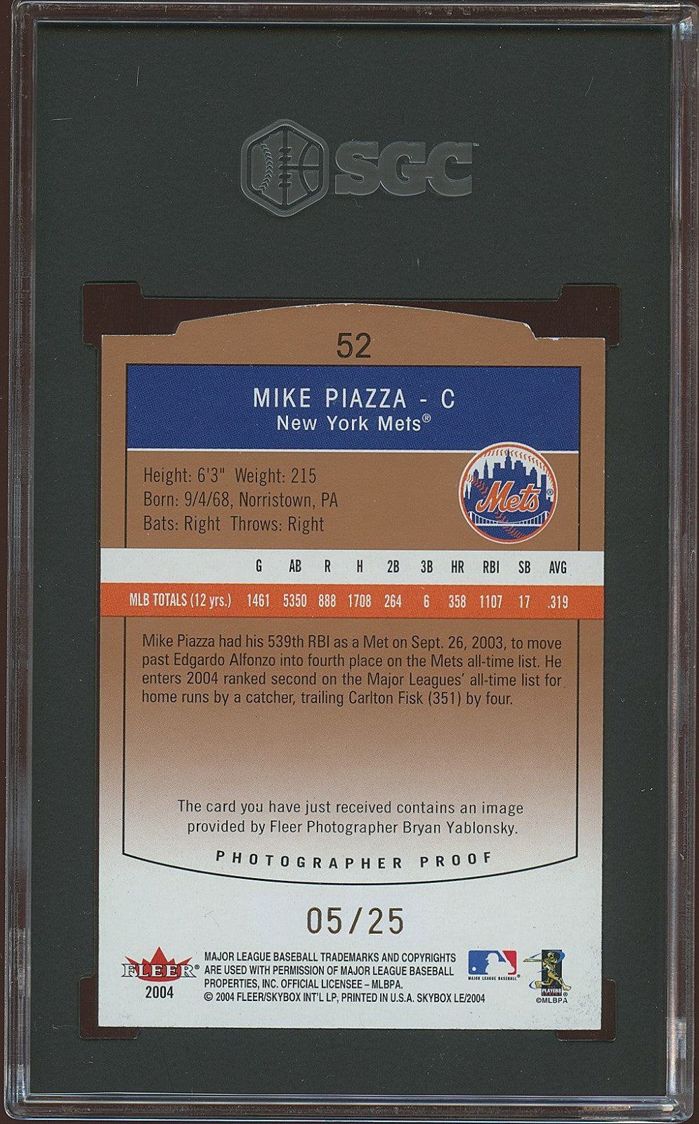 Mike Piazza 2004 Skybox LE Photographer Proof New York Mets 5/25 SGC 9