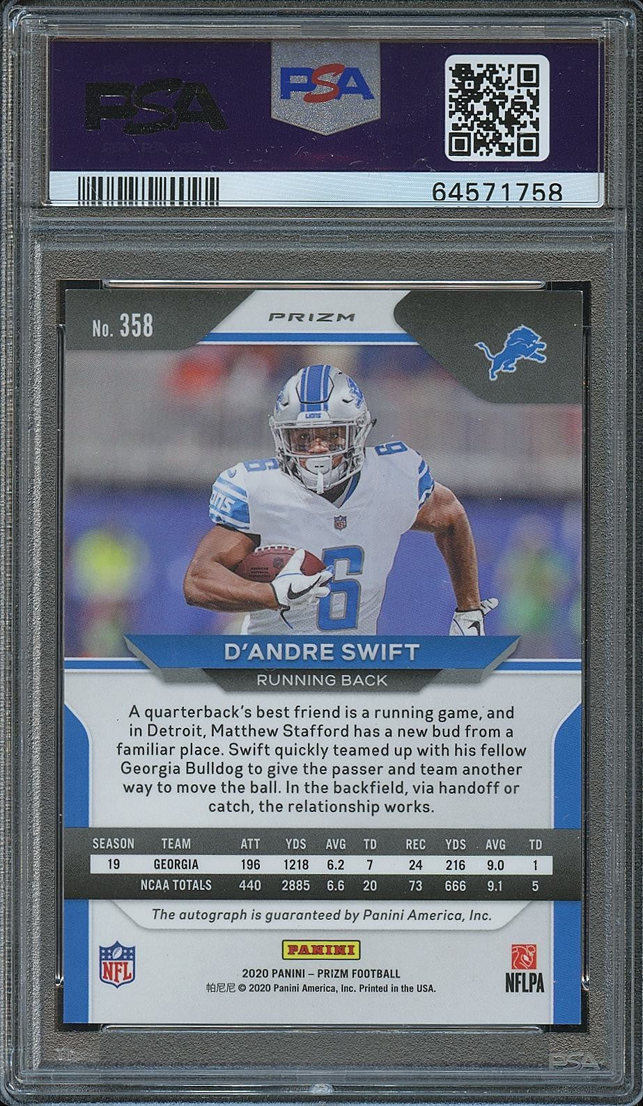D'Andre Swift 2020 Prizm Silver Auto Autograph RC Rookie Detroit Lions PSA 9
