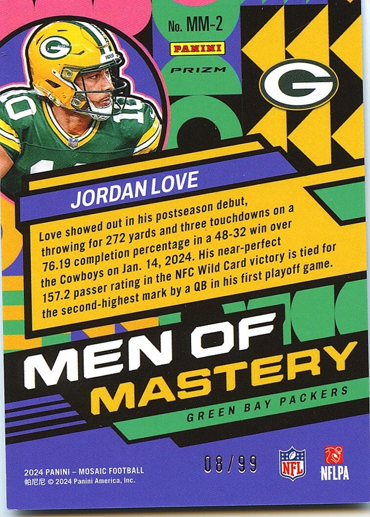 Jordan Love 2024 Mosaic Men Of Mastery Blue Prizm Green Bay Packers 8/99