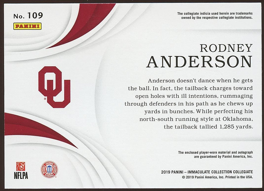Rodney Anderson 2019 National Treasures Autograph Nameplate Patch Sooners 5/25