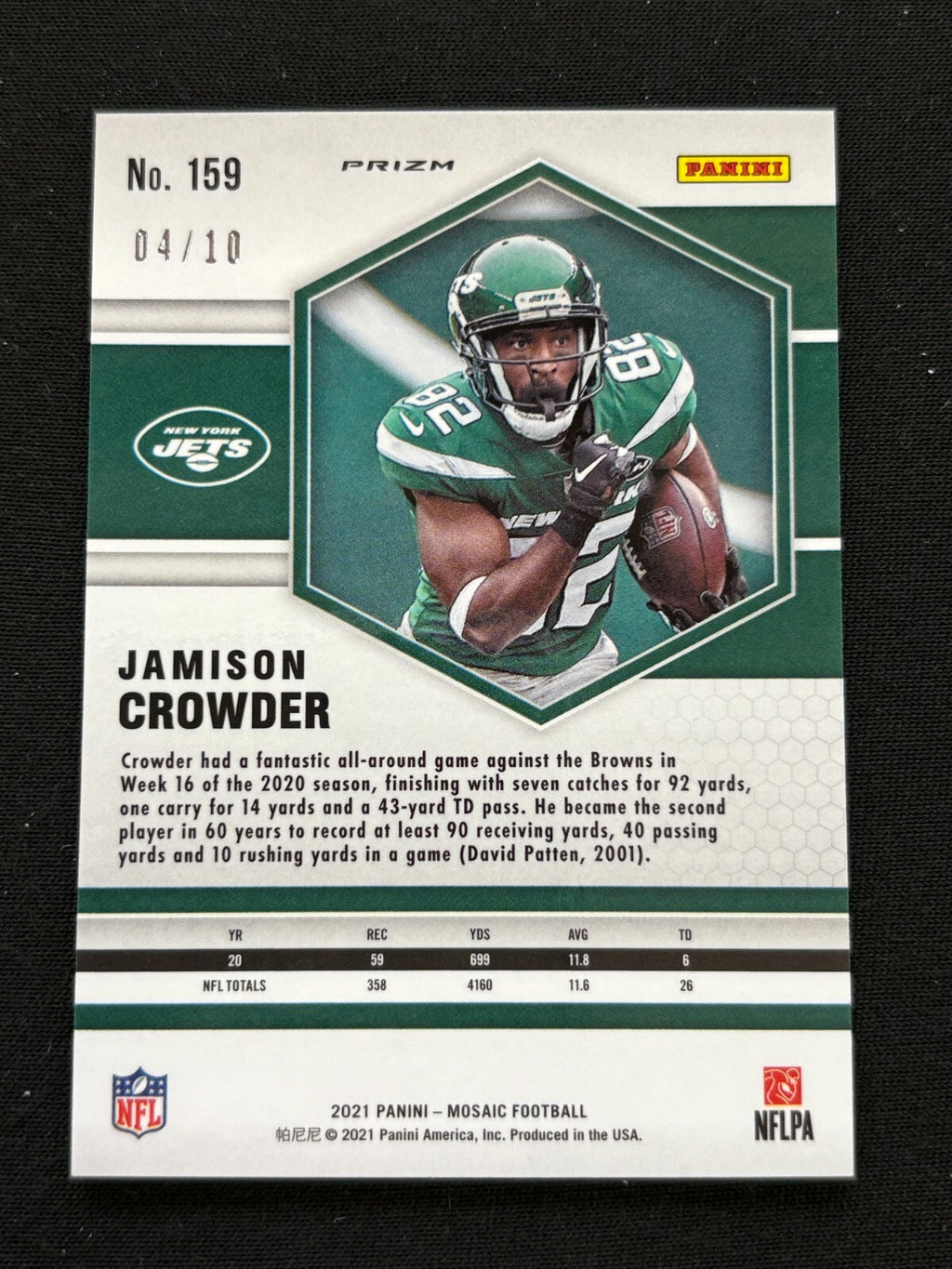 Jamison Crowder 2021 Mosaic Green Fluorescent SSP New York Jets 4/10 #159