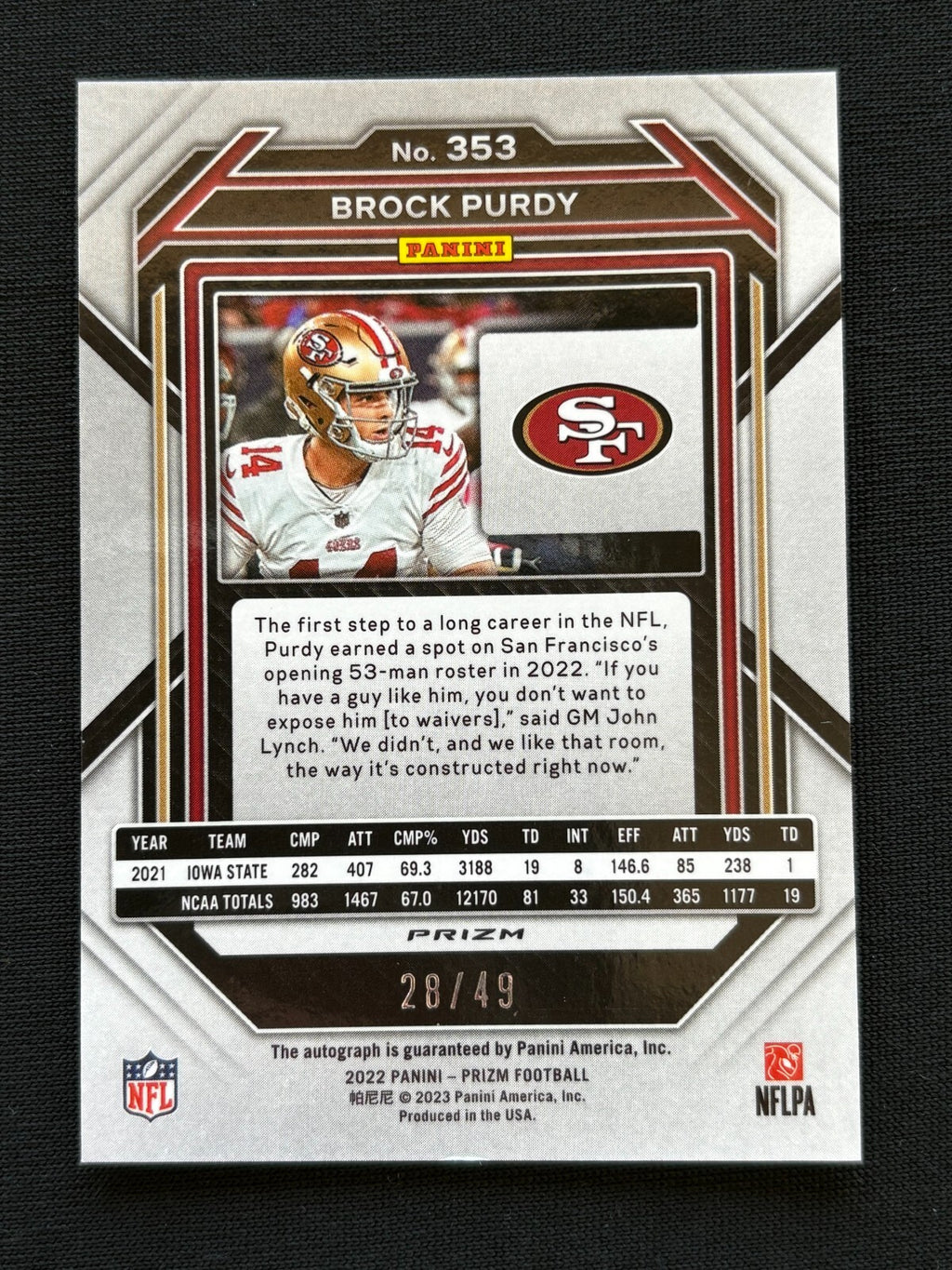 Brock Purdy 2022 Prizm Auto Autograph Purple Power Prizm RC 49ers 28/49 READ