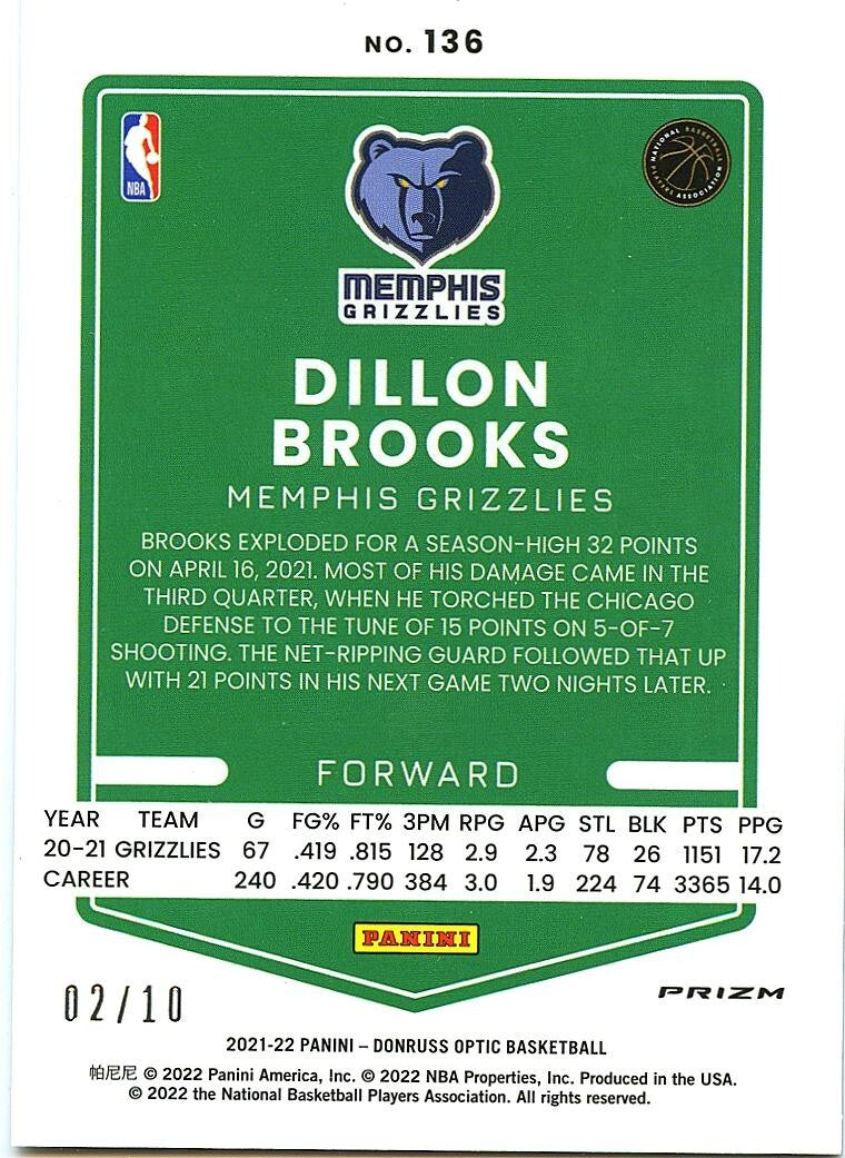 Dillon Brooks 2021-22 Optic GOLD Prizm SSP Memphis Grizzlies 2/10 #136
