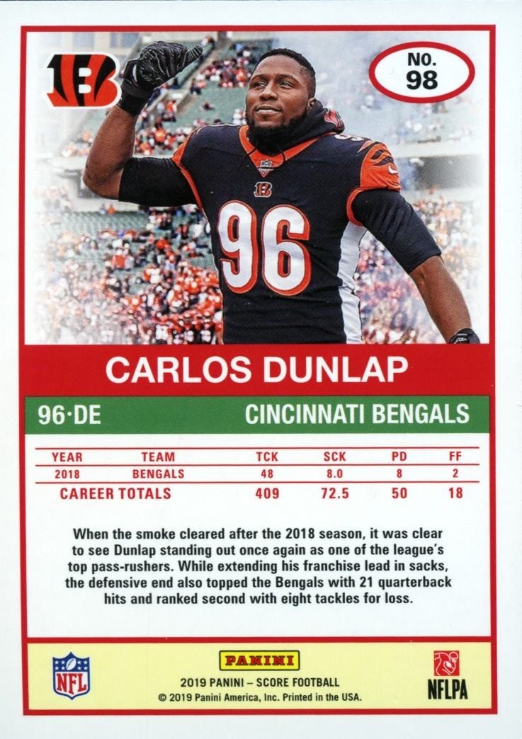 Carlos Dunlap 2019 Score 30th Anniversary SSP Cincinnati Bengals 13/30