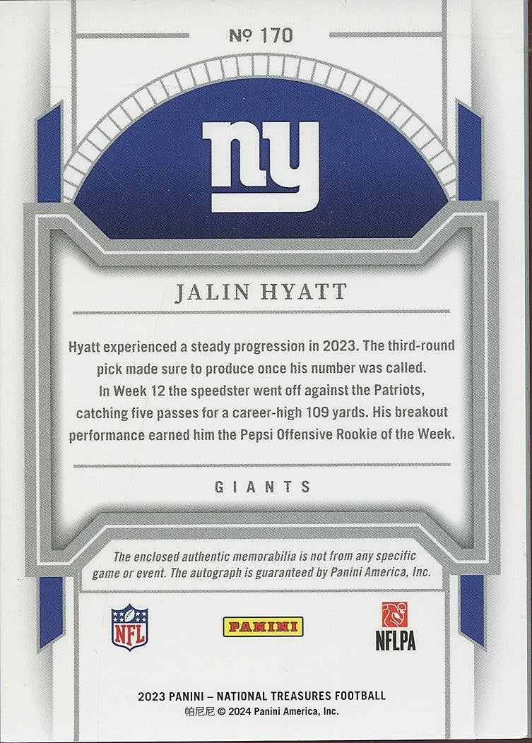 Jalin Hyatt 2023 National Treasures Auto Autograph Patch RC New York Giants 3/5