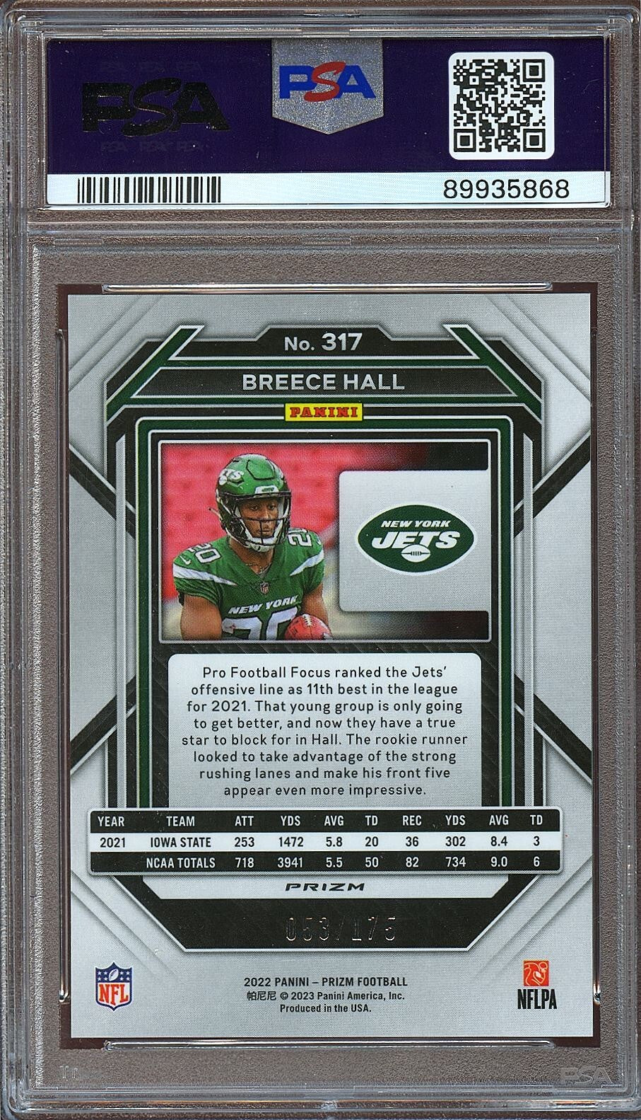 Breece Hall 2022 Prizm Hyper Prizm Rookie RC New York Jets 53/175 #317 PSA 10