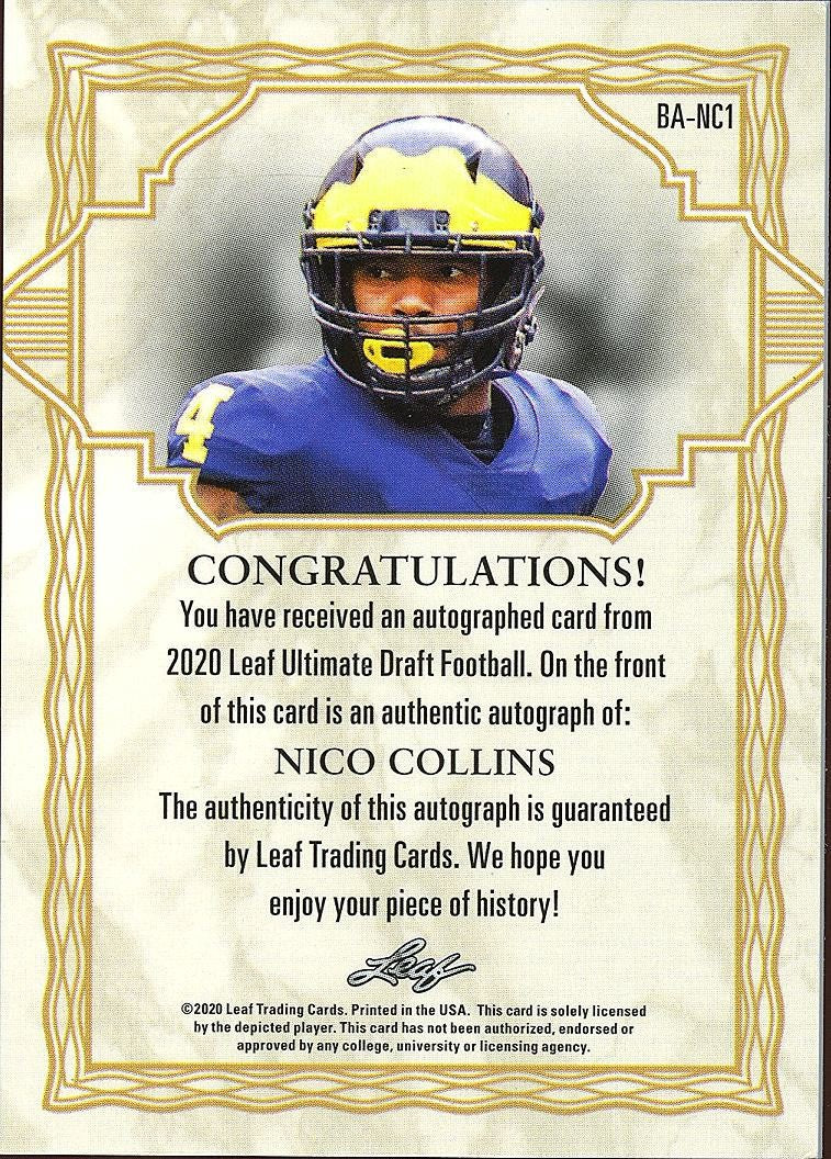 Nico Collins 2020 Leaf Draft Red Auto Autograph RC SSP Michigan Texans 5/5