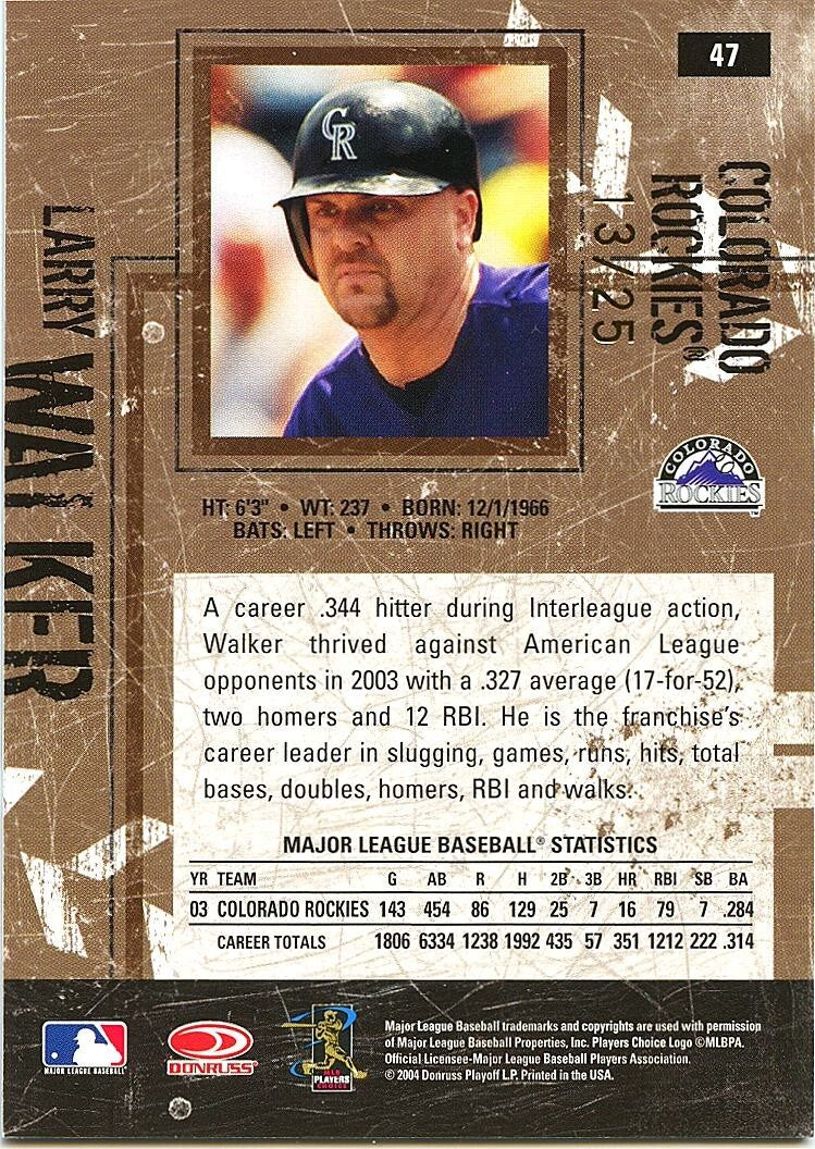 Larry Walker 2004 Leather & Lumber GOLD SSP Colorado Rockies 13/25 #47