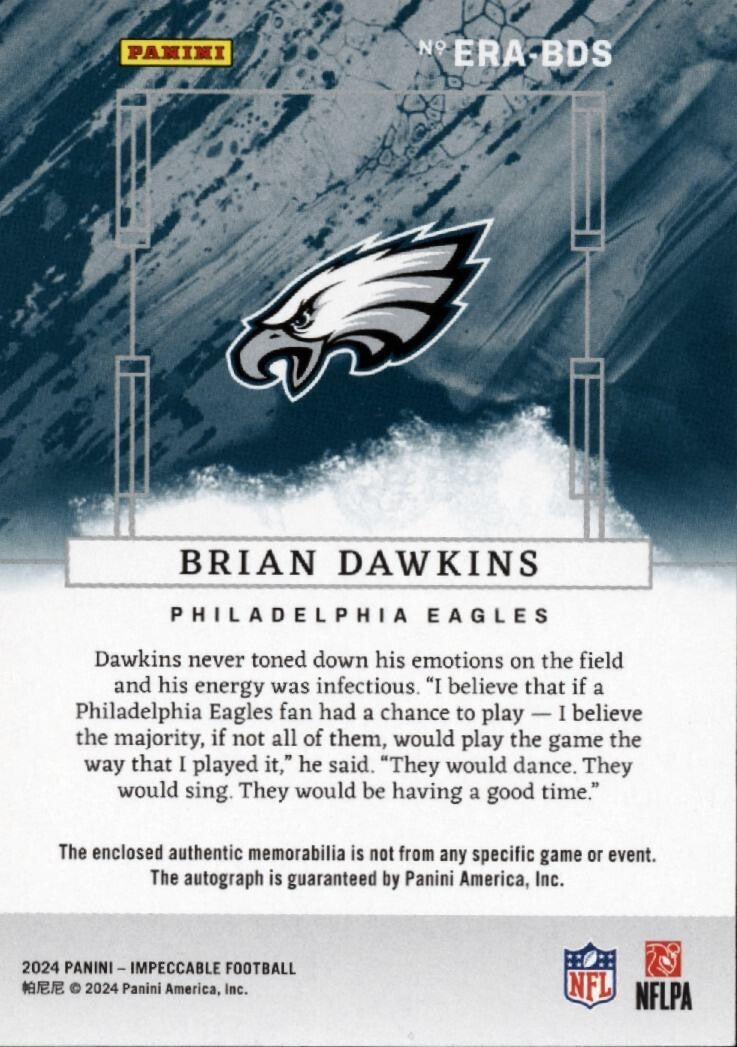 Brian Dawkins 2024 Impeccable Auto Autograph Inscription Patch Eagles 54/75