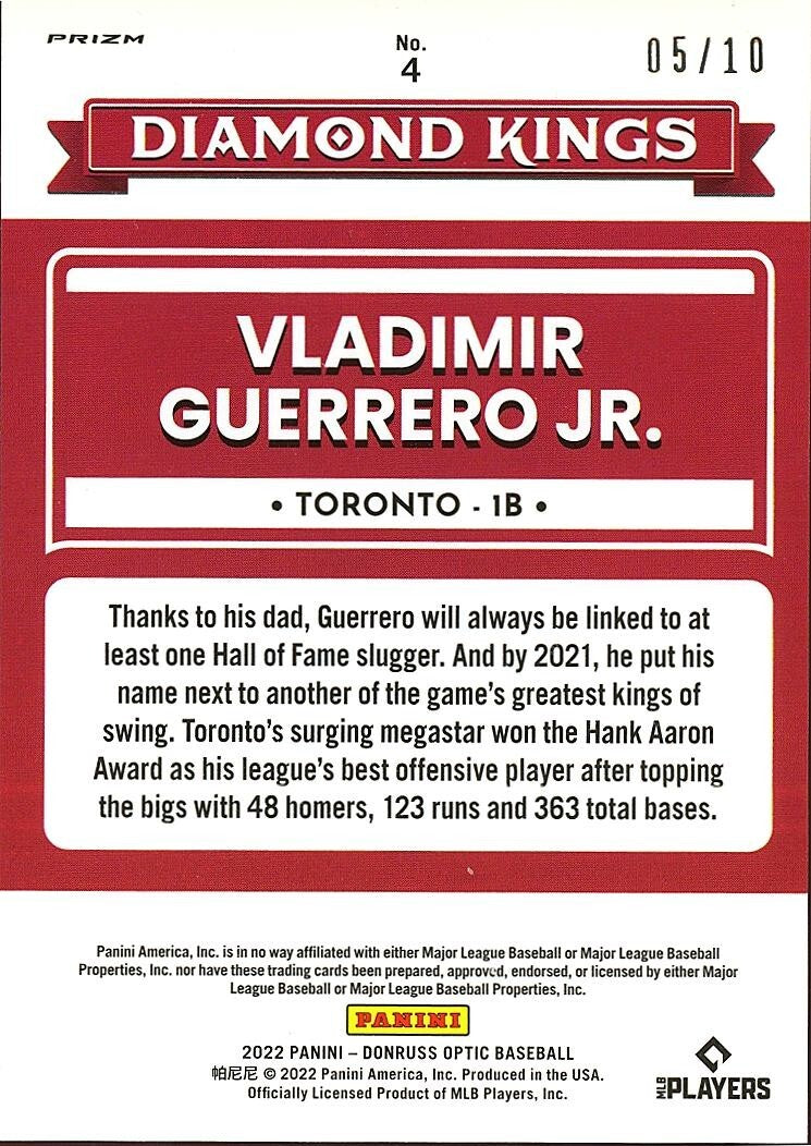 Vladimir Guerrero Jr. 2022 Optic Diamond Kings GOLD Prizm Toronto Blue Jays 5/10