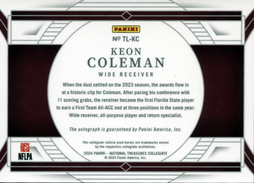 Keon Coleman 2024 National Treasures Auto Autograph RC Buffalo Bills 34/49