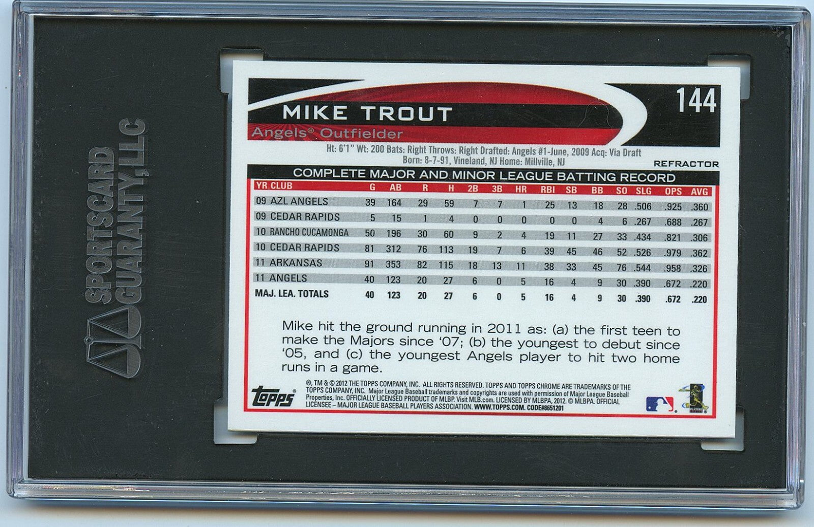 Mike Trout 2012 Topps Chrome Refractor 2nd Year Los Angeles Angels #144 SGC 10