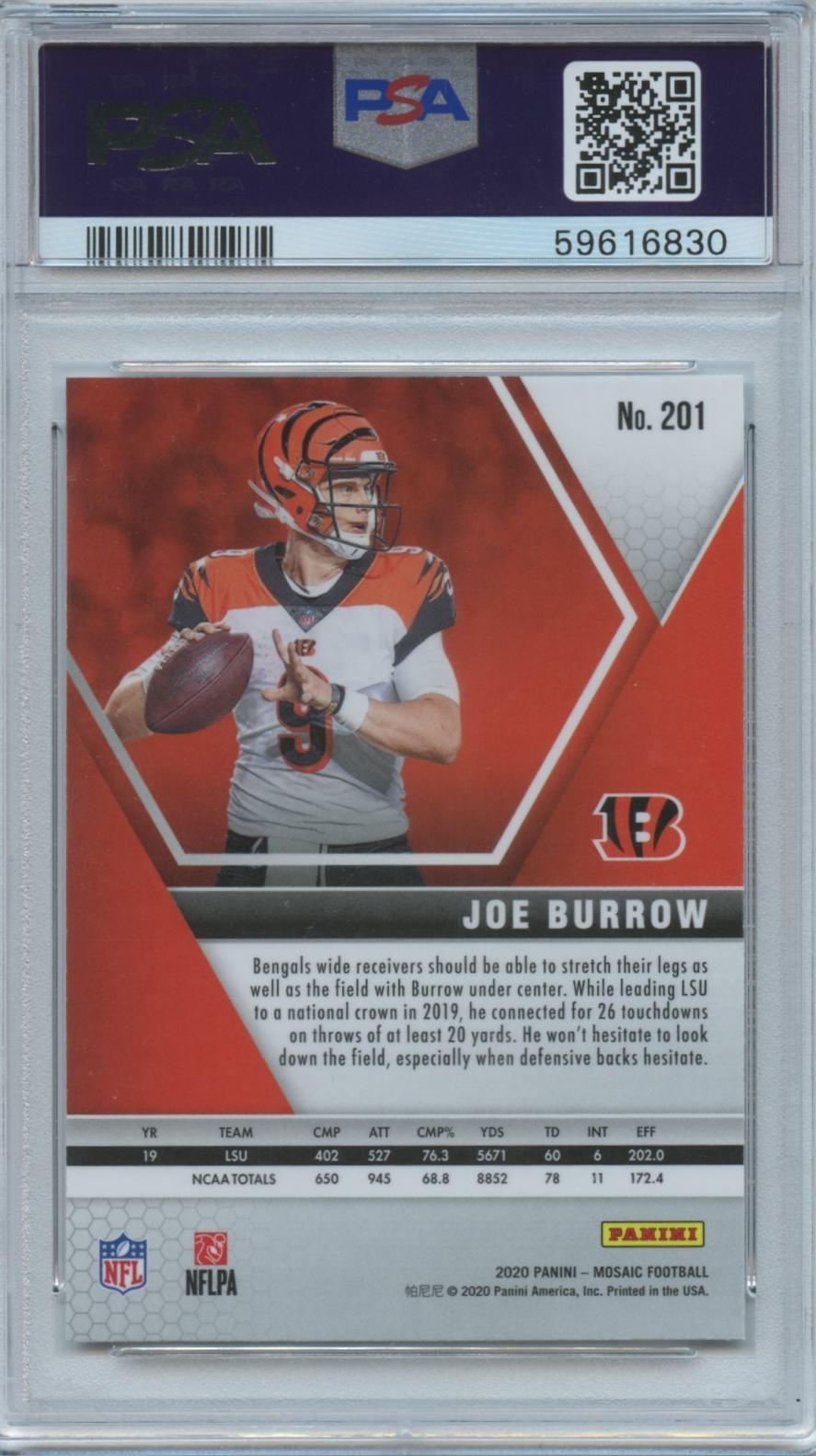 Joe Burrow 2020 Mosaic Rookie Card RC Cincinnati Bengals #201 PSA 10