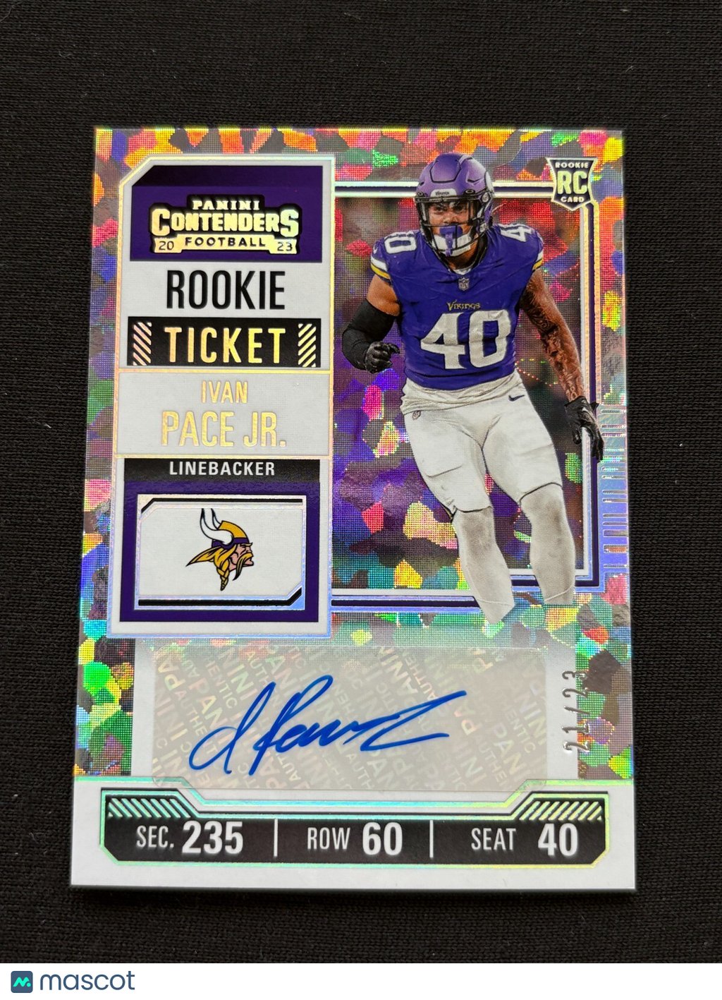 Ivan Pace Jr. 2023 Contenders Cracked Ice Auto Autograph Rookie RC Vikings 21/23