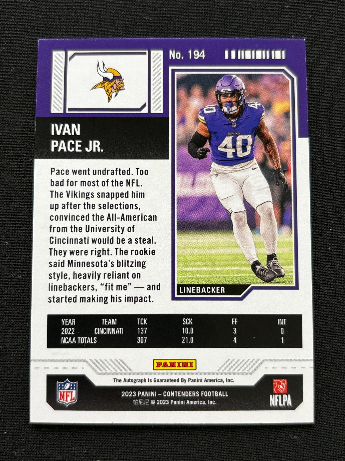 Ivan Pace Jr. 2023 Contenders Cracked Ice Auto Autograph Rookie RC Vikings 21/23