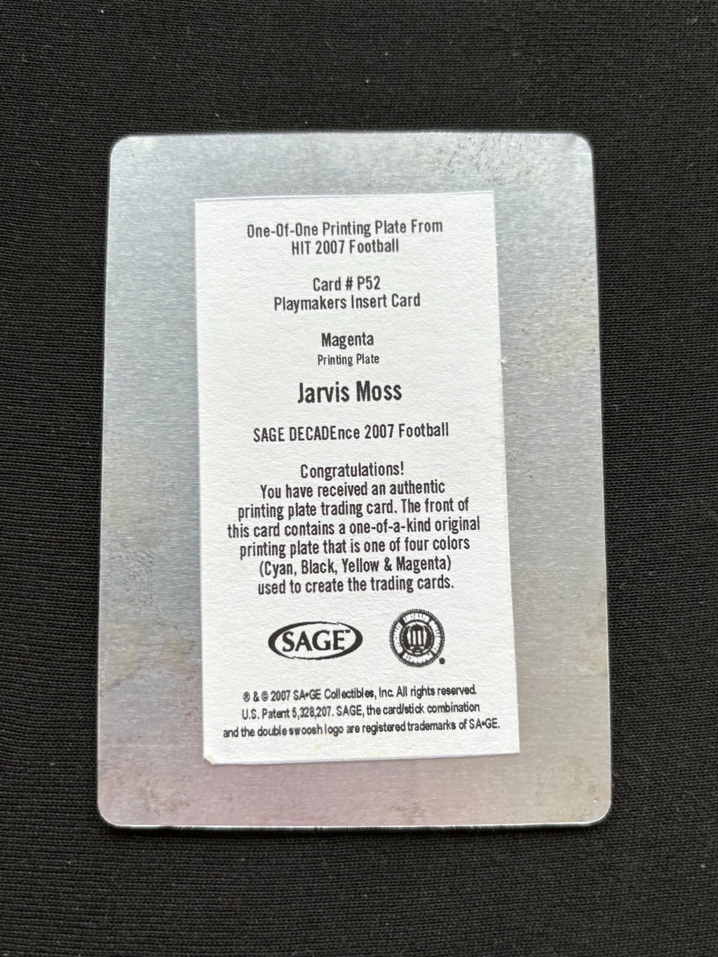Jarvis Moss 2007 SAGE HIT Printing Plate Rookie RC Florida Gators 1/1
