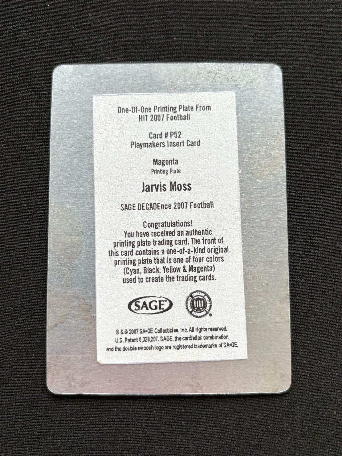 Jarvis Moss 2007 SAGE HIT Printing Plate Rookie RC Florida Gators 1/1