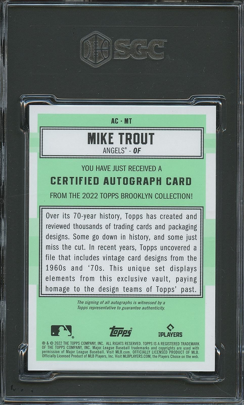 Mike Trout 2022 Topps Brooklyn On Card Auto Autograph LA Angels 16/30 SGC 9.5