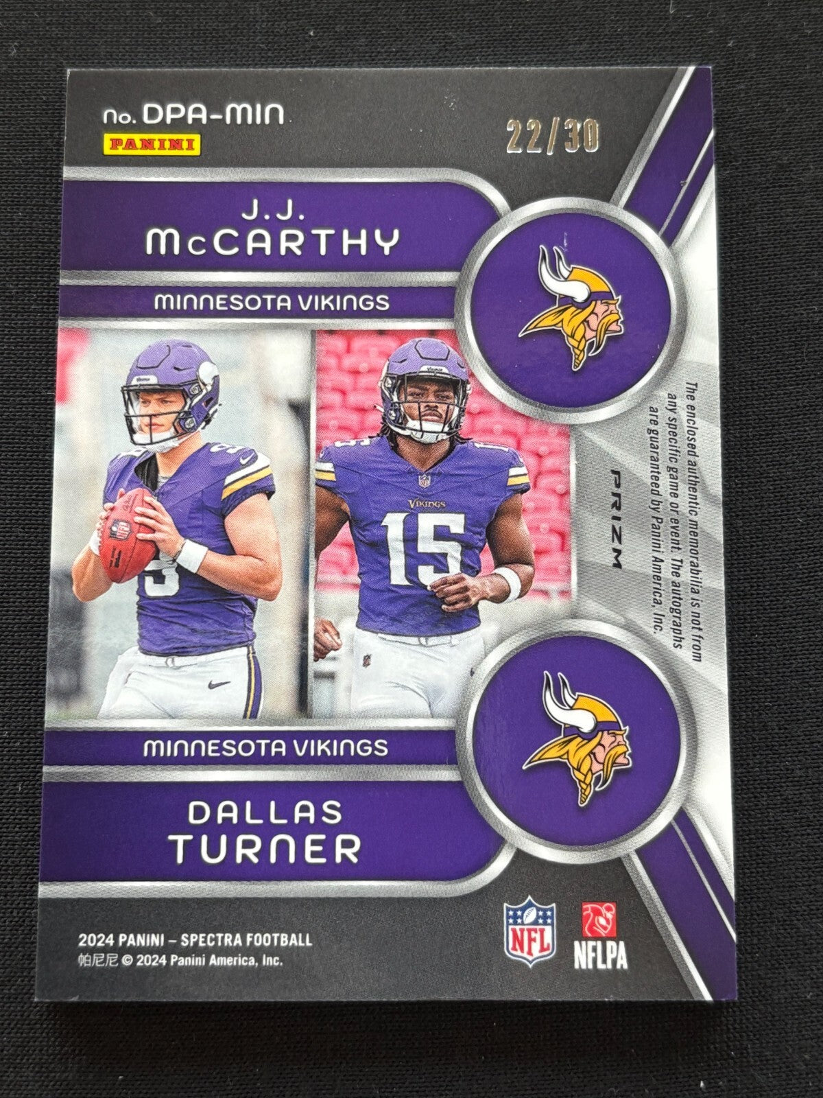 JJ Mccarthy / Dallas Turner 2024 Spectra Purple Ink Auto Autograph Vikings 22/30