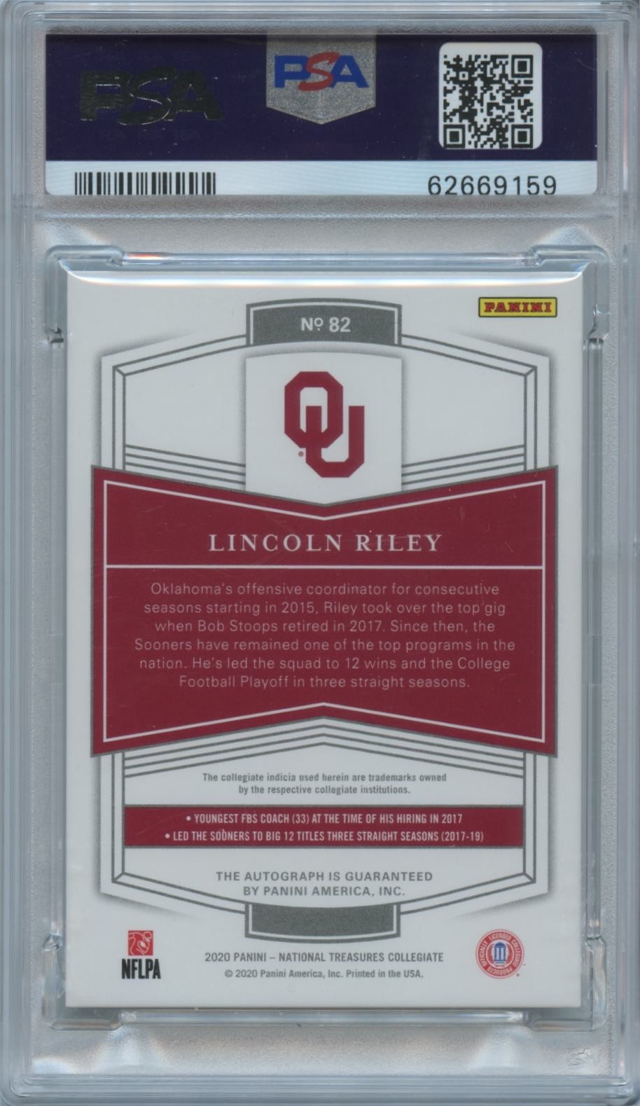 Lincoln Riley 2020 National Treasures Black Auto Autograph OU Sooners 1/1 PSA 9