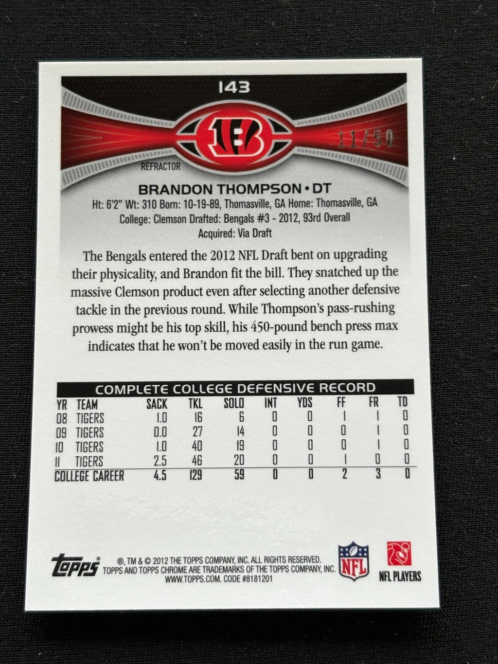 Brandon Thompson 2012 Topps Chrome GOLD Refractor RC Cincinnati Bengals 11/50