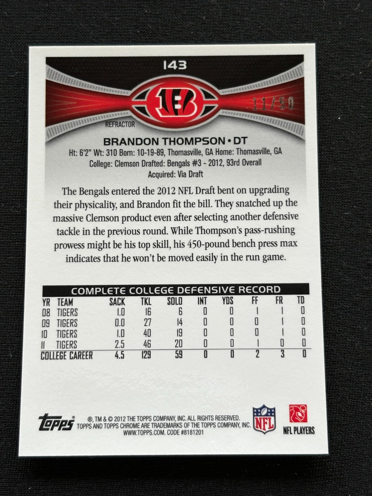 Brandon Thompson 2012 Topps Chrome GOLD Refractor RC Cincinnati Bengals 11/50