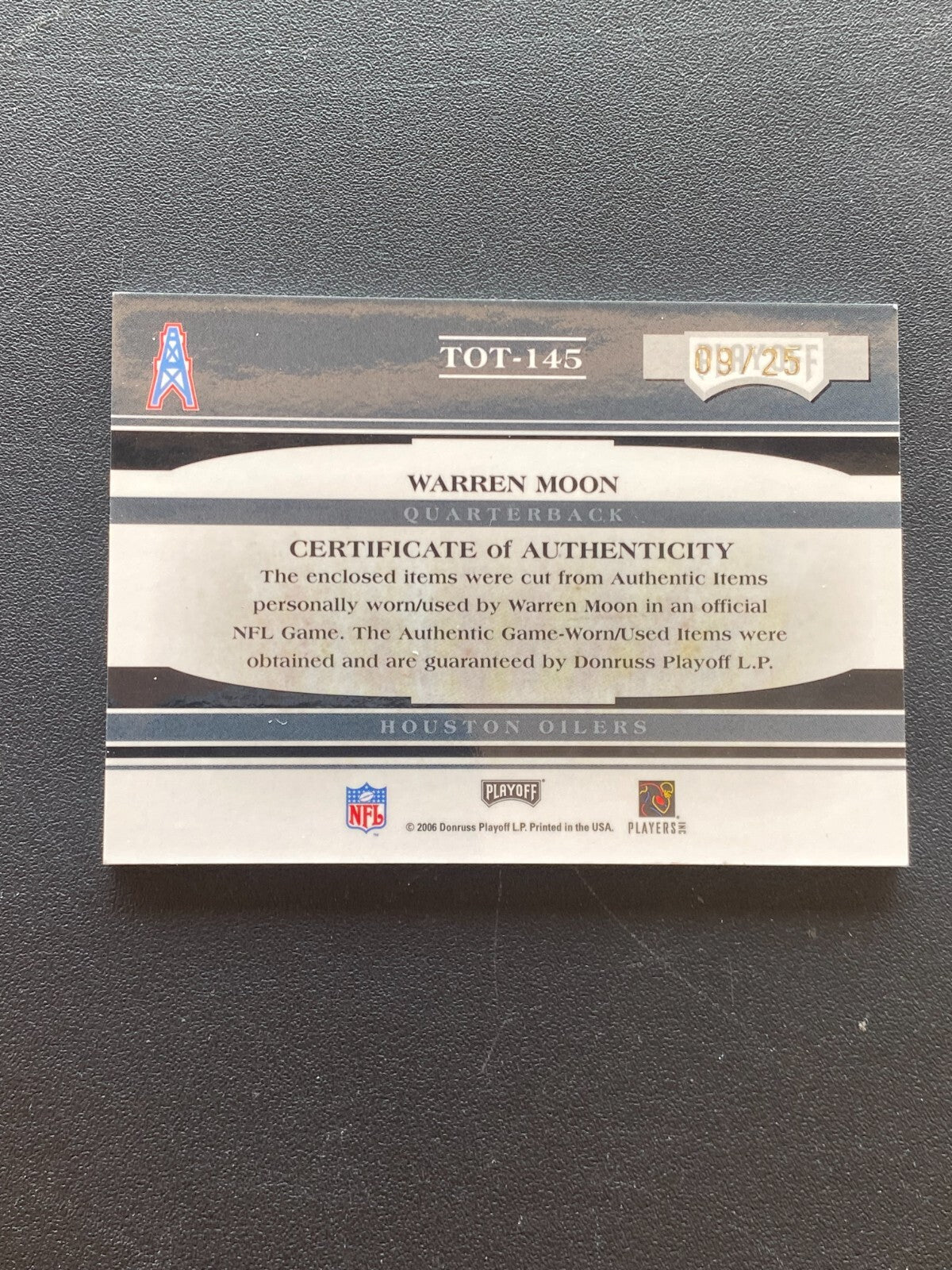 Warren Moon 2006 Absolute Tools Game Worn Patch Shoe Cleat Houston Oilers 9/25