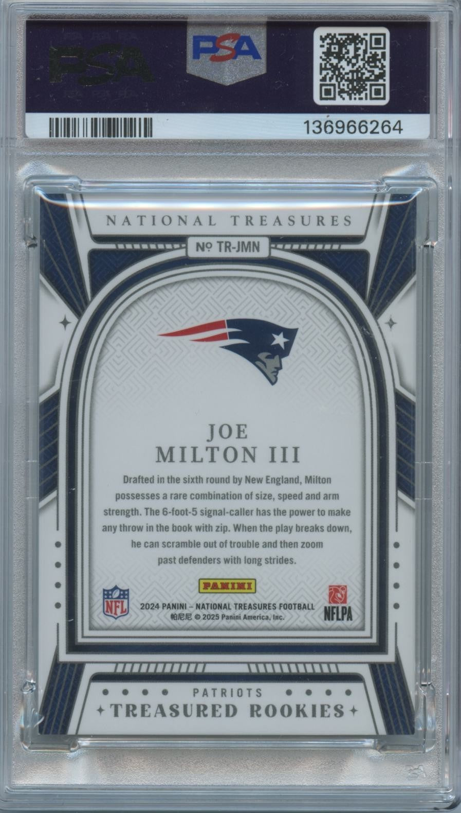 Joe Milton III 2024 National Treasures Holo Rookie RC 16/25 Patriots PSA 8