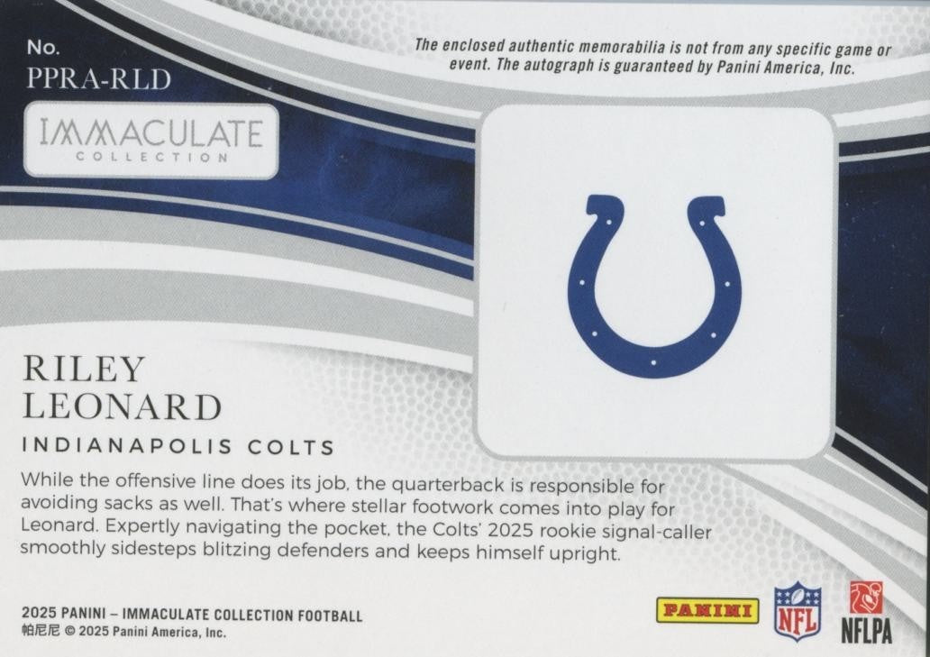 Riley Leonard 2025 Immaculate Auto Autograph Patch RC Indianapolis Colts 94/99