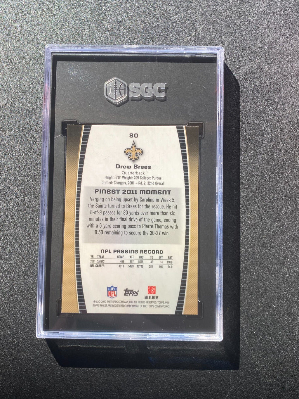 Drew Brees 2012 Topps Finest Card New Orleans Saints #30 SGC 10