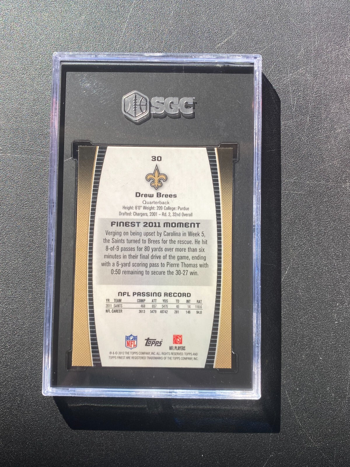 Drew Brees 2012 Topps Finest Card New Orleans Saints #30 SGC 10
