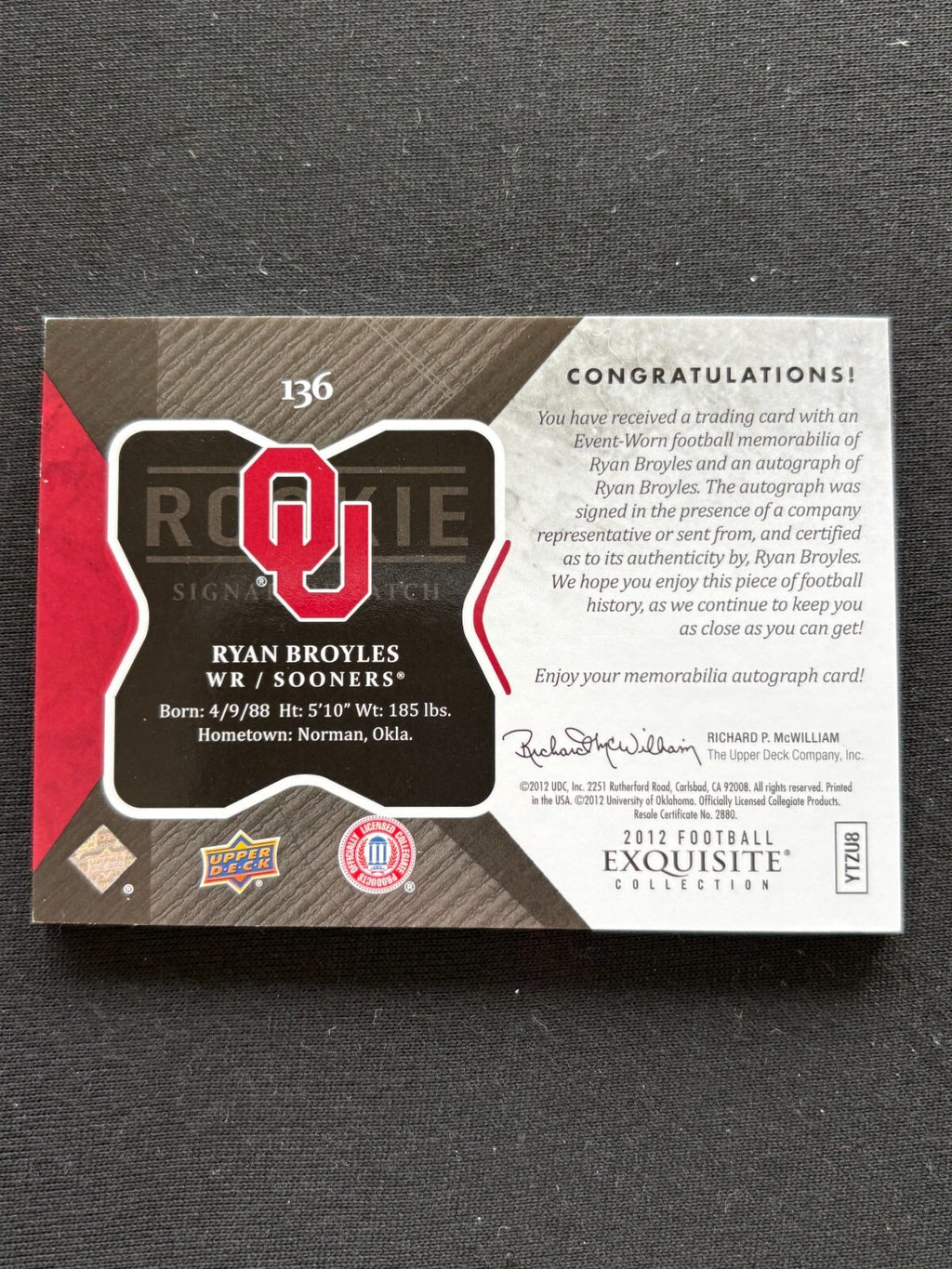 Ryan Broyles 2012 Upper Deck Exquisite Auto Autograph Patch RC OU Sooners 38/50