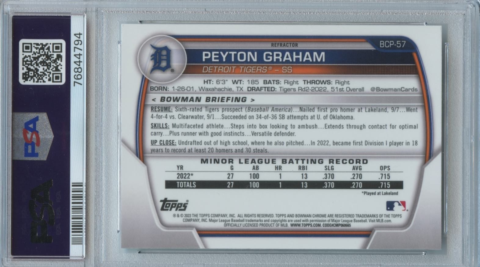 Peyton Graham 2023 Bowman Chrome 1st Lunar Glow RC Detroit Tigers PSA 10