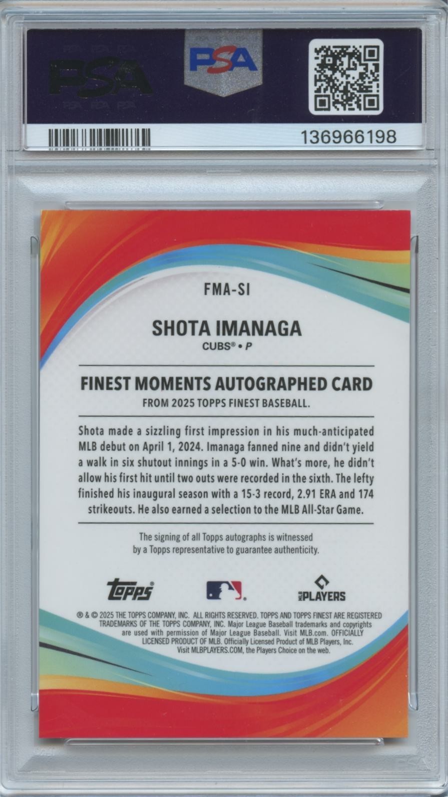 Shota Imanaga 2025 Finest Moments Auto Autograph Chicago Cubs PSA 10