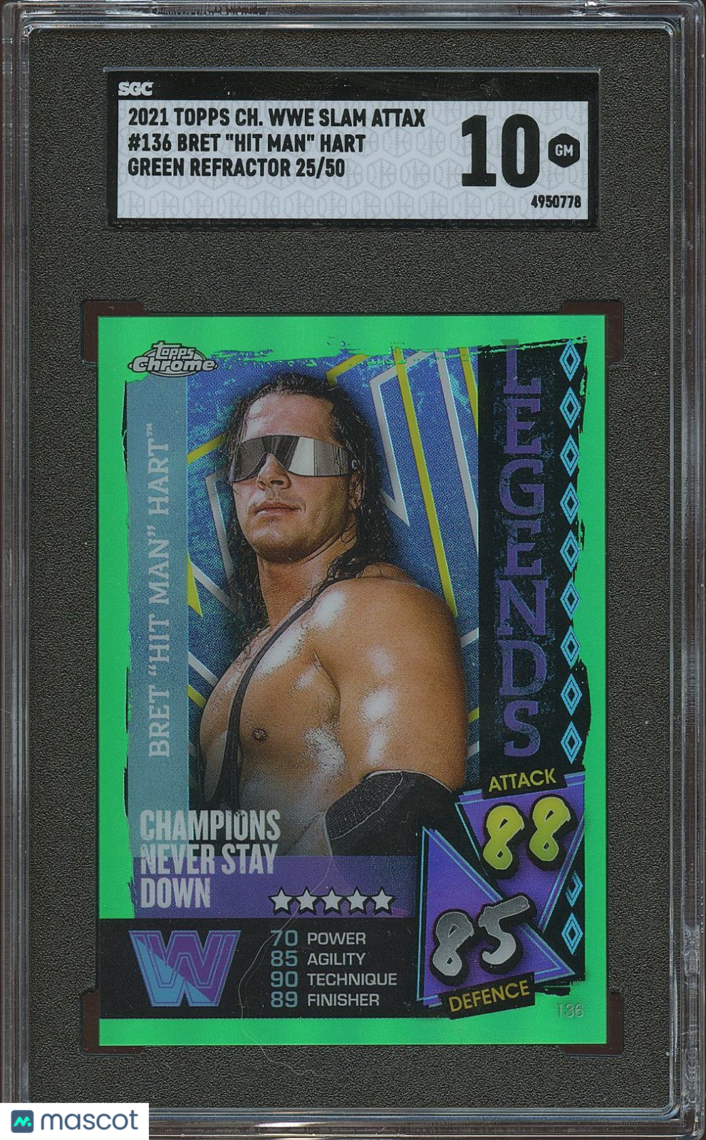 Bret "Hit Man" Hart 2021 Topps Chrome Slam Attax Green Refractor /50 WWE SGC 10