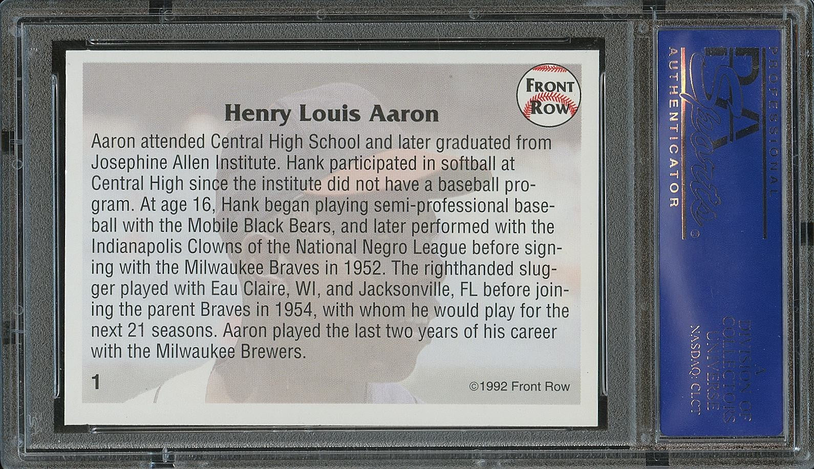 Hank Aaron 1992 Front Row Auto Autograph Milwaukee Braves PSA DNA Authentic